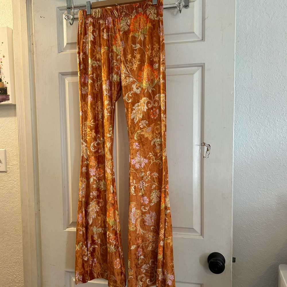 Free People Floral Velvet Flare Pants in Burnt Orange